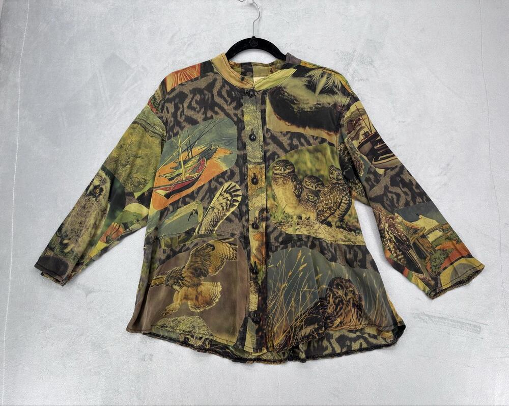 Vintage 90s URU Womens L Silk Patchwork Wearable Art Shirt Maximalist Naturecore